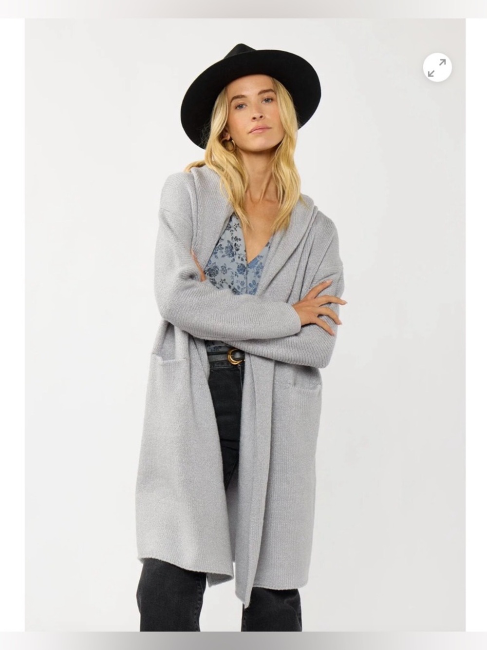 Lovestitch Lennox Sweater Coat blue Grey Oversized Hooded Duster Knit Open Front